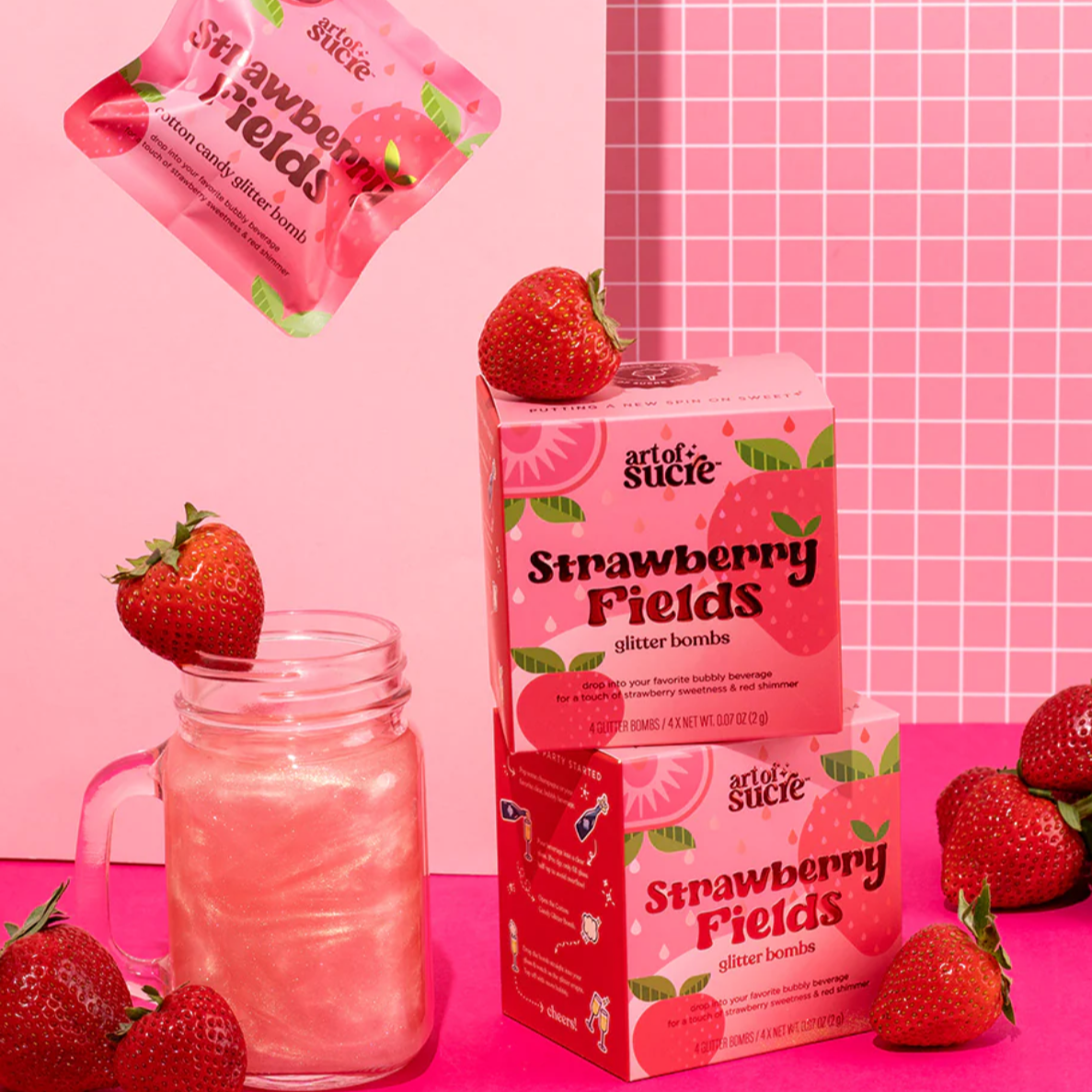 Strawberry Fields Strawberry Cotton Candy Drink Glitter Bomb